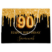 90歳の誕生日ブラック金ゴールドグリッタードライブ名 ラージペーパーバッグ (正面)