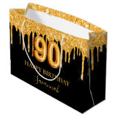 90歳の誕生日ブラック金ゴールドグリッタードライブ名 ラージペーパーバッグ (裏面アングル)