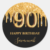 90歳の誕生日ブラック金ゴールドグリッターバルーンパーティー ラウンドシール (正面)