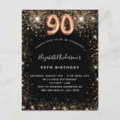 90歳の誕生日ブラック金ゴールドグリッター インビテーションポストカード (正面)