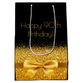 90歳の誕生日ブラック金ゴールドボウ輝く ミディアムペーパーバッグ (裏面)