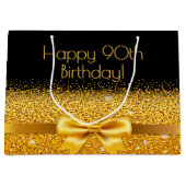 90歳の誕生日ブラック金ゴールドボウ ラージペーパーバッグ (正面)