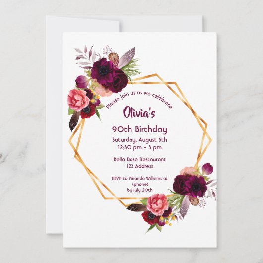 90歳の誕生日ブルゴーニュ花模様金ゴールド幾何学的 招待状 (正面)