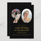 90歳の誕生日プレゼントに最適なモダンなブラックのフォトコラージュ 招待状 (正面/裏面)