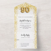 90歳の誕生日ホワイト金ゴールドパーティーRSVP オールインワン招待状 (内側)