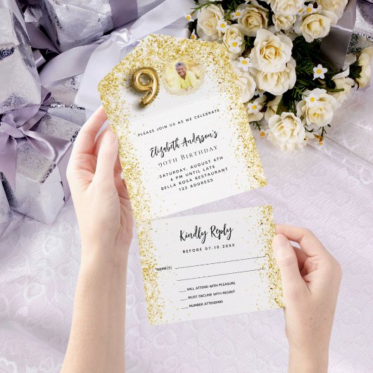90歳の誕生日ホワイト金ゴールド写真パーティーRSVP オールインワン招待状