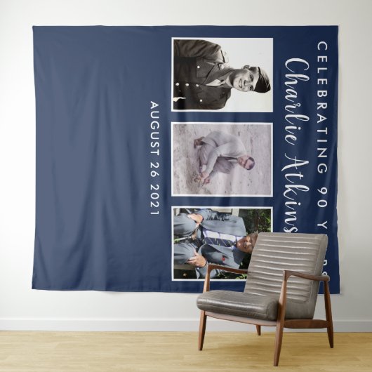 90歳の誕生日写真付きのバックドロップバナー タペストリー (インサイチュ(横))