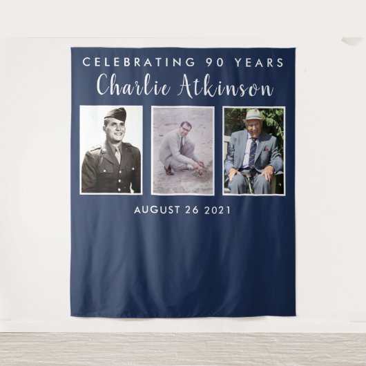 90歳の誕生日写真付きのバックドロップバナー タペストリー (正面)