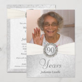 90歳の誕生日写真招待状 - シルバー＆ホワイト 招待状 (正面/裏面)