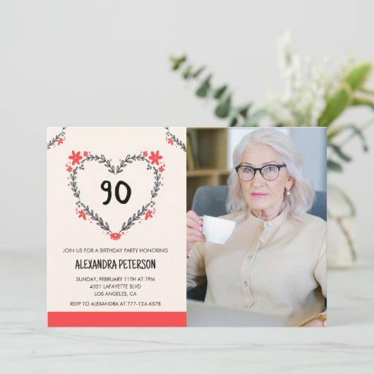 90歳の誕生日招待状のフローラハート 招待状 (スタンド正面)