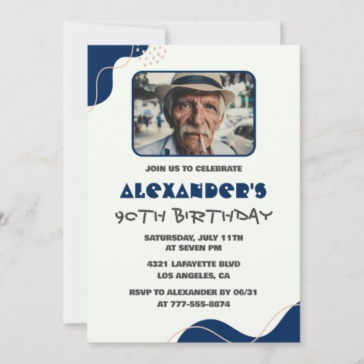 90歳の誕生日招待状メンズ海軍シンプル写真 招待状 (正面)