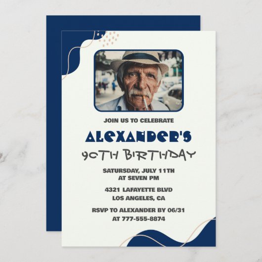 90歳の誕生日招待状メンズ海軍シンプル写真 招待状 (正面/裏面)