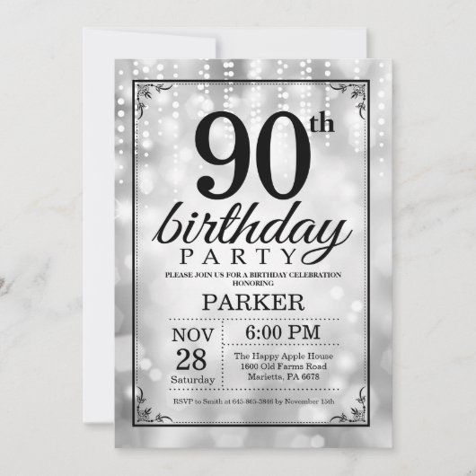 90歳の誕生日招待状 シルバーグリッター 招待状 (正面)