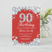 90歳の誕生日招待状 レッドとシルバーのダイヤモンド 招待状 (スタンド正面)