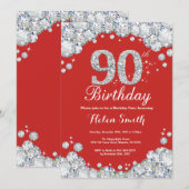 90歳の誕生日招待状 レッドとシルバーのダイヤモンド 招待状 (正面/裏面)