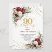 90歳の誕生日招待状 レッド+ホワイトローズ エレガント 招待状 (正面)