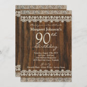90歳の誕生日招待状 ヴィンテージ ラスティック ウッドレース 招待状 (正面/裏面)