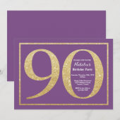 90歳の誕生日招待状 紫と金のグリッター 招待状 (正面/裏面)
