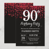 90歳の誕生日招待状 赤いグリッター 招待状 (正面/裏面)