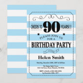 90歳の誕生日招待状 青と白のストライプ 招待状 (正面/裏面)
