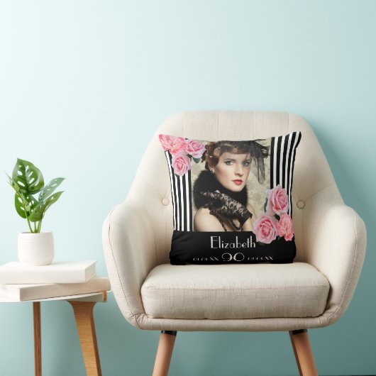 90歳の誕生日白黒ストライプ花写真 クッション (椅子)