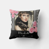 90歳の誕生日白黒ストライプ花写真 クッション (裏面)