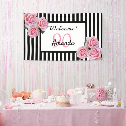 90歳の誕生日白黒ストライプ花模様 横断幕 (パーティー)