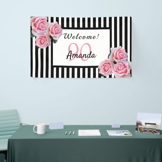 90歳の誕生日白黒ストライプ花模様 横断幕 (トレードショー)