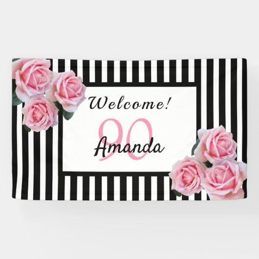 90歳の誕生日白黒ストライプ花模様 横断幕 (横)