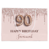 90歳の誕生日赤面ピンクグリッタードリップバラ金ゴールド ラージペーパーバッグ (裏面)