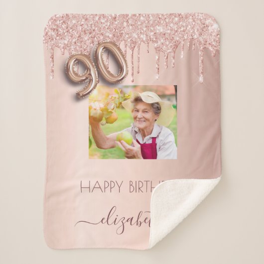 90歳の誕生日赤面ピンクローズ金ゴールドグリッター写真 シェルパブランケット (正面)
