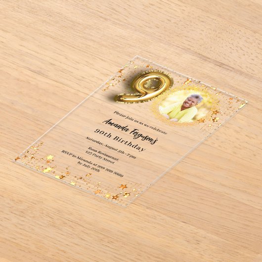 90歳の誕生日金ゴールドフォトスター澄ん アクリル招待状 (レイダウン)