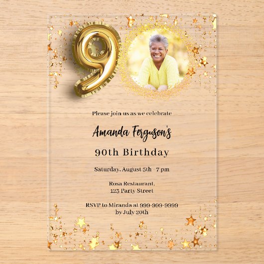90歳の誕生日金ゴールドフォトスター澄ん アクリル招待状 (正面)