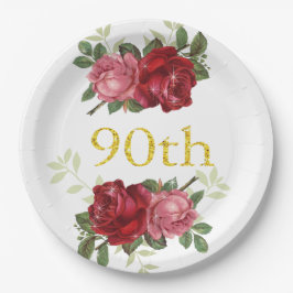 90歳の誕生日、おしゃれなレトロな赤いバラのカスタムデザイン ペーパープレート