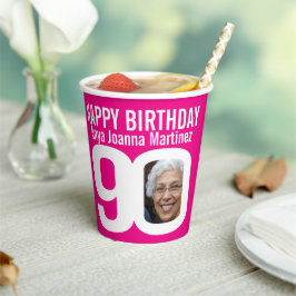 90歳の誕生日 カスタム 2枚の写真 ピンク 白 紙コップ
