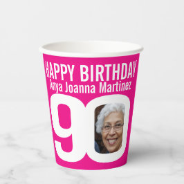 90歳の誕生日 カスタム 2枚の写真 ピンク 白 紙コップ