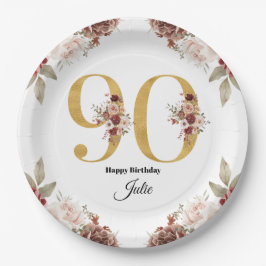 90歳の誕生日 ゴールドとバーガンディの花のデザイン 名前入り ペーパープレート