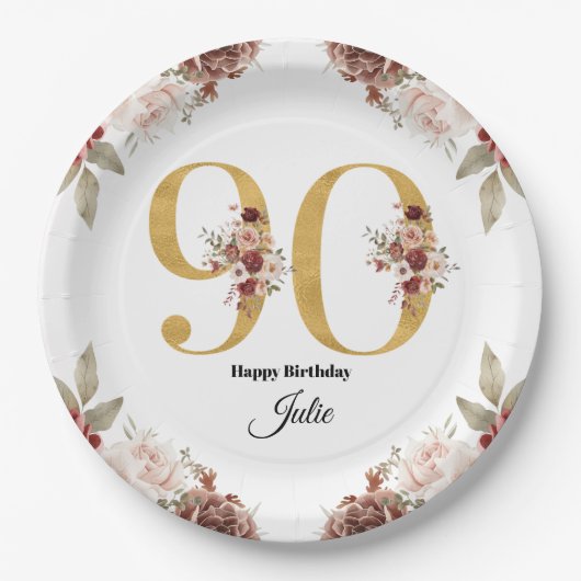 90歳の誕生日 ゴールドとバーガンディの花のデザイン 名前入り ペーパープレート (正面)