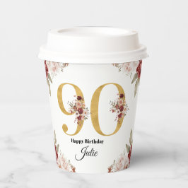 90歳の誕生日 ゴールドとバーガンディの花をカスタマイズ 紙コップ