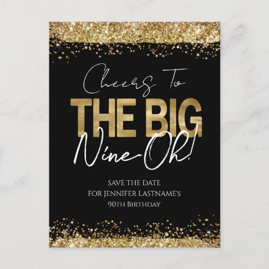 90歳の誕生日 ゴールド ブラック Save the Date ポストカード (正面)