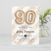 90歳の誕生日 - ストライプのゴールド風船 招待状 (スタンド正面)
