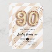 90歳の誕生日 - ストライプのゴールド風船 招待状 (正面/裏面)