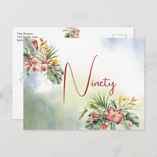 90歳の誕生日　トロピカルフラワーのご招待状 ポストカード (正面/裏面)