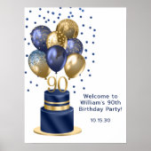 90歳の誕生日 ネイビーブルーのバルーンケーキ ウェルカム ポスター (正面)
