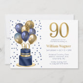 90歳の誕生日 ネイビーブルーの風船のケーキ 招待状 (正面)