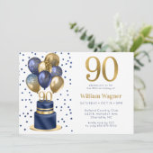 90歳の誕生日 ネイビーブルーの風船のケーキ 招待状 (スタンド正面)
