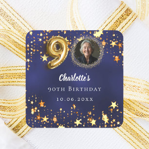 90歳の誕生日 ネイビーブルー ゴールドの星の写真 スクエアシール