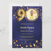 90歳の誕生日 ネイビーブルー ゴールドの星の写真 招待状 (正面)