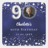 90歳の誕生日 ネイビーブルー 銀の星の写真 スクエアシール (正面)