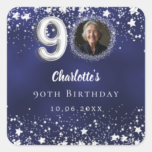 90歳の誕生日 ネイビーブルー 銀の星の写真 スクエアシール (正面)